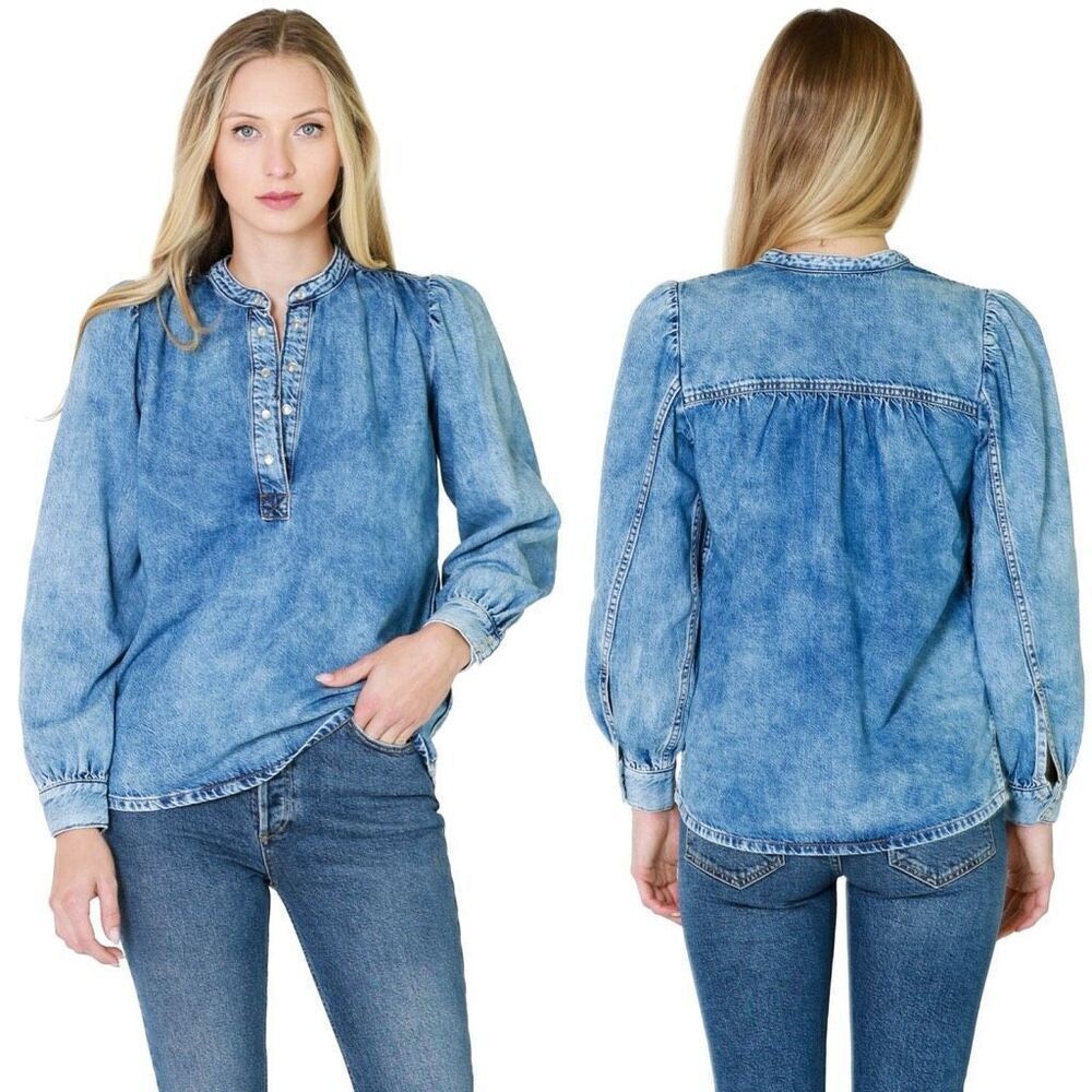 GANNI Organic Cotton Denim Henley Blouse Tencel Puff Sleeve Size 42 M/L Western